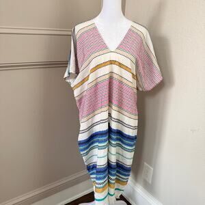 Golden Sun Multicolor Stripe V Neck Kaftan Cover Up Dress One Size 100% Cotton